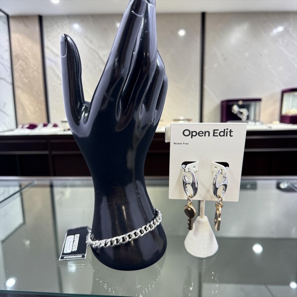 Express Silver Cuban Link Chain Bracelet Open Edit Charm Earrings Bundle NWT 8"